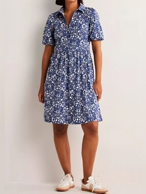 Boden Floral Jersey Cotton Modal Blue White Puff Sleeve Dress, 10